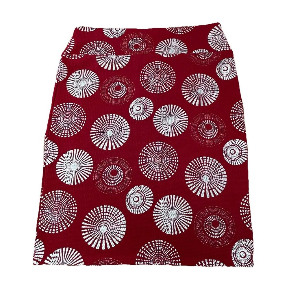 LuLaRoe Cassie Skirt Knee Length Unlined Pull On Red Spirals Stretch Pencil W38”